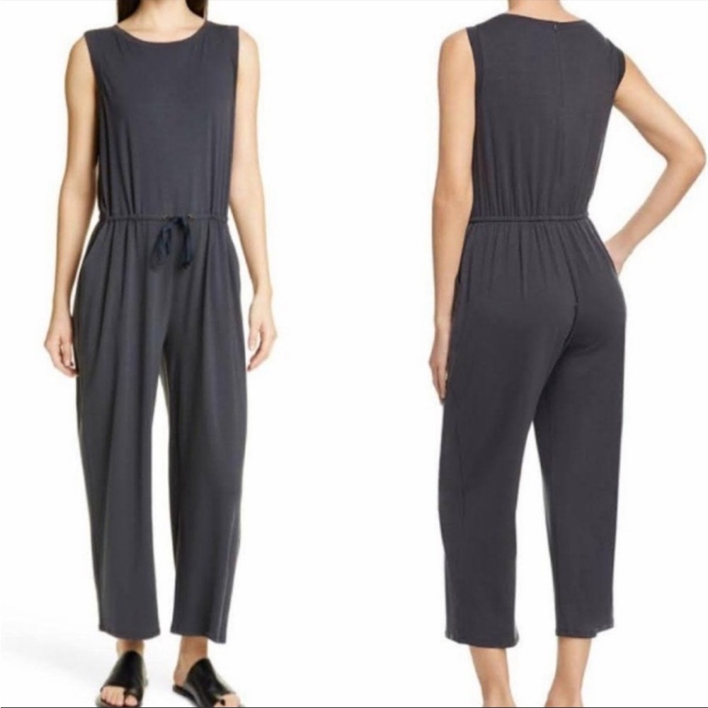 Eileen Fisher Grey Jumpsuit Tencel Lyocell Sz Large Sleeveless Tie Waist